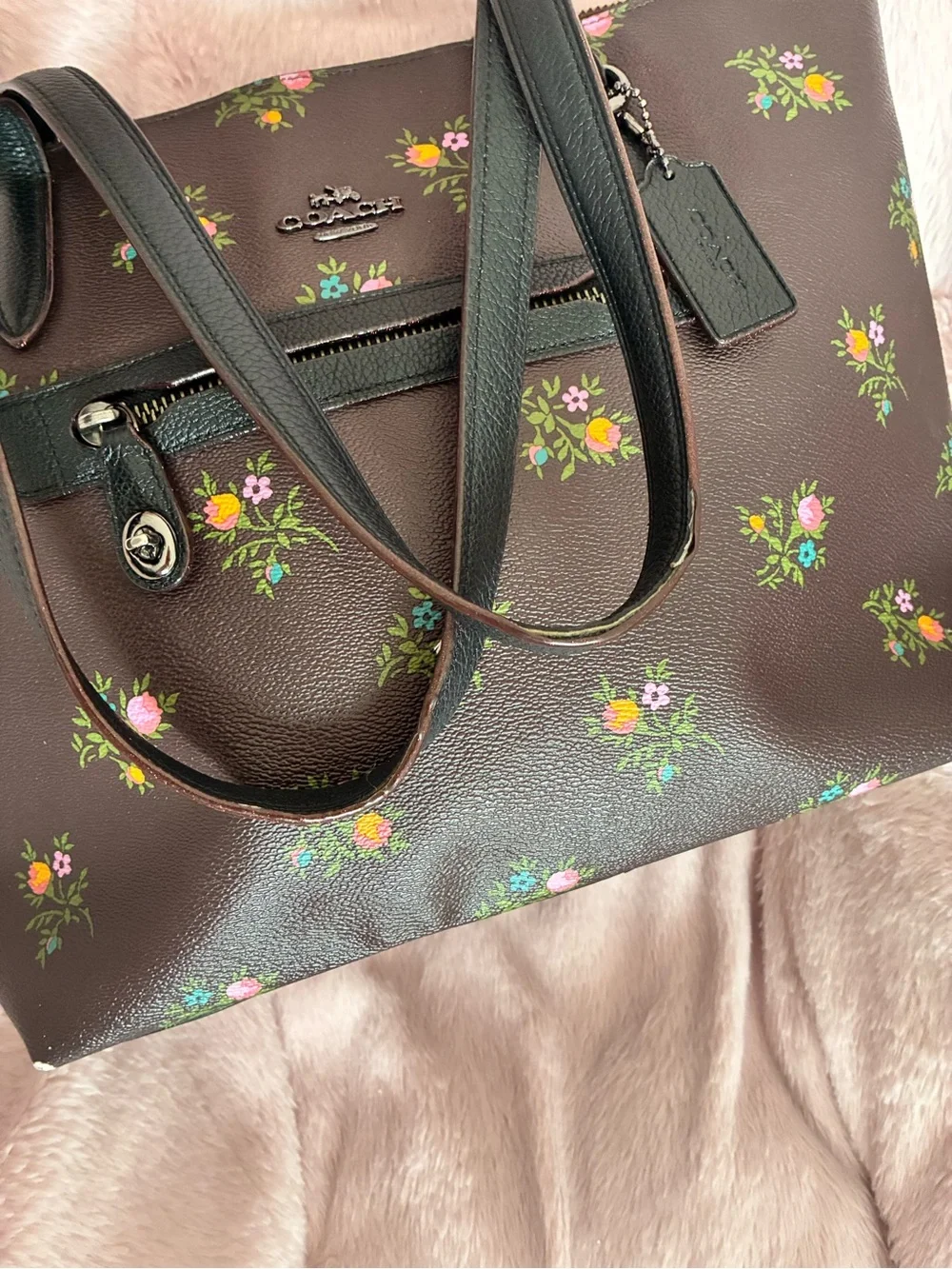 Coach Brown Floral Tote with Black Straps